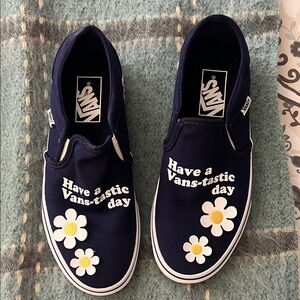Vans Women’s Navy Slip-On Sneakers with Daisy Design worn once